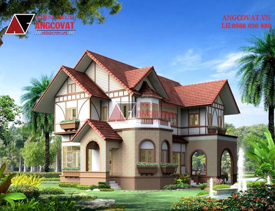 Mẫu thiết kế biệt thự 2 tầng kiểu Châu Âu mái thái đẹp 150m2 tại Nam Định BT8755