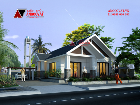 Mẫu thiết kế nhà 1 tầng mặt tiền 8m 2 phòng ngủ diện tích 110m2 mái thái đẹp tại Bắc Ninh BT104016