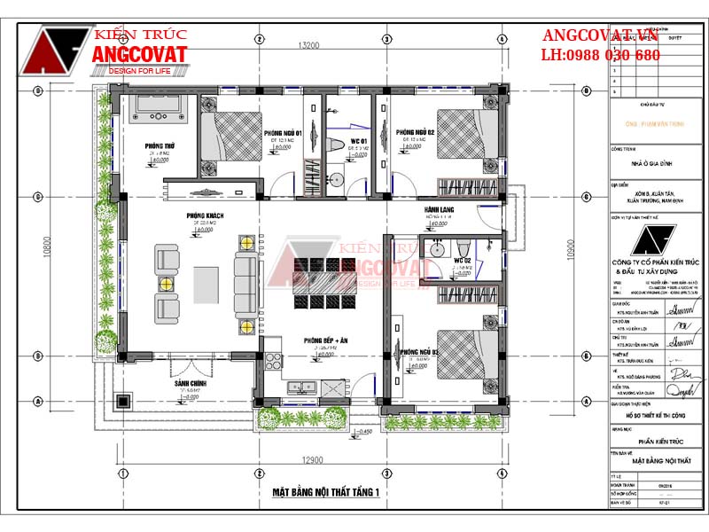 mặt bằng nhà cấp 4 3 phòng ngủ 140m2