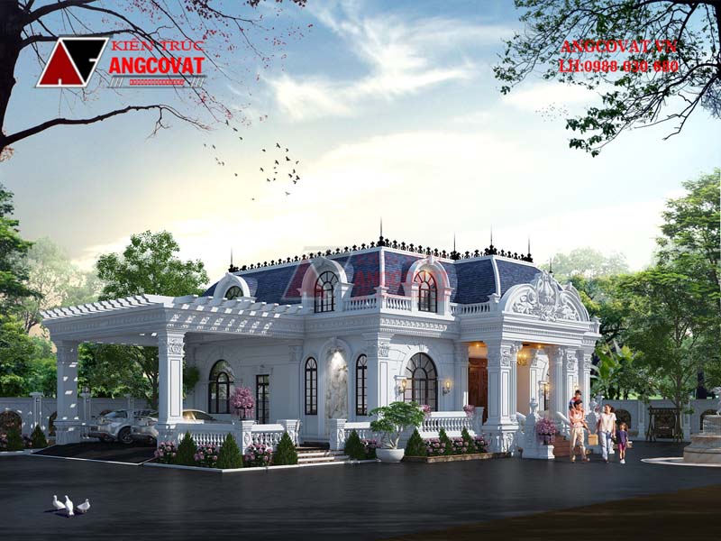 Thiết kế theo lối kiến trúc tân cổ cầu kì với một số chi tiết của mẫu bản vẽ nhà vườn 1 tầng 4 phòng ngủ