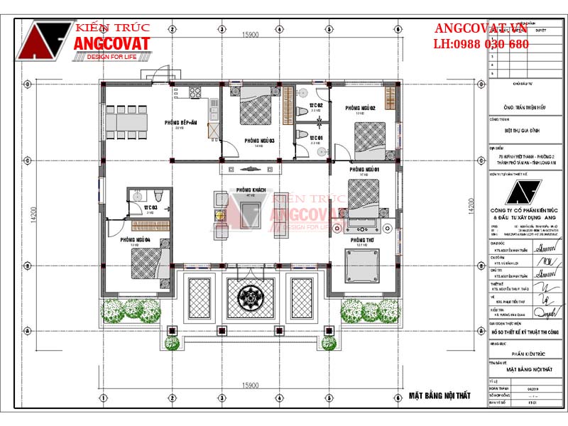 bản vẽ mặt bằng biệt thự trệt mái thái 4 phòng ngủ 1 phòng khách
