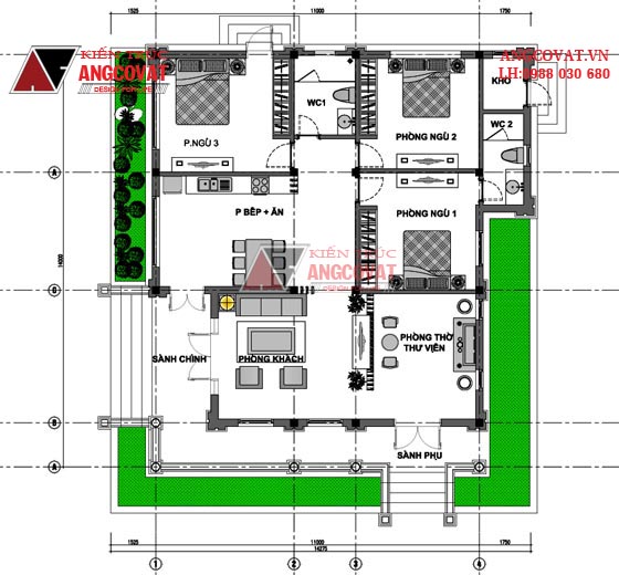 Bản vẽ nhà cấp 4 mái ngói 3 phòng ngủ 13x14,5m đẹp mê ly tại Phú Thọ