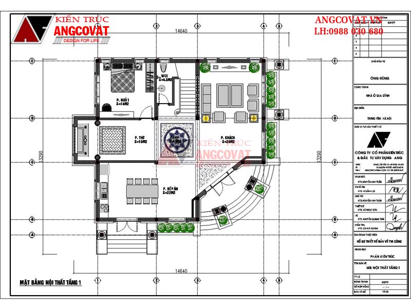 Bản vẽ thiết kế nhà 2 tầng mái ngói diện tích 150m2 đẹp - Mặt bằng tầng 1