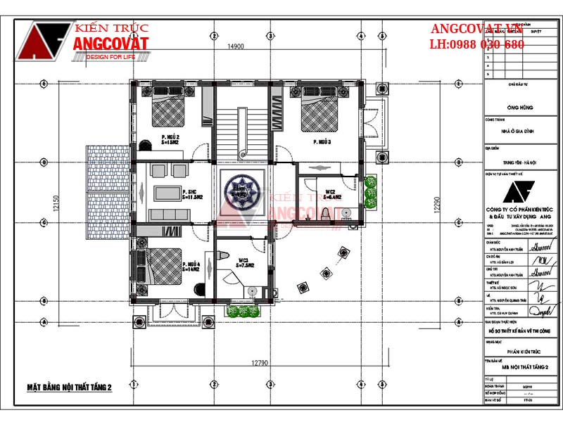 Bản vẽ thiết kế nhà 2 tầng mái ngói diện tích 150m2 đẹp - Mặt bằng tầng 2