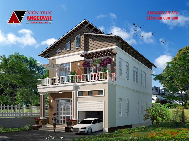 Hình ảnh phối cảnh thiết kế nhà 2 tầng 8x15m mái lệch 4 phòng ngủ