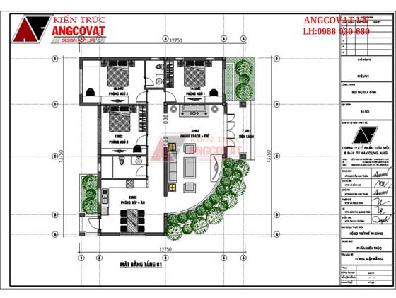 Mặt bằng mẫu nhà 1 tầng 3 phòng ngủ 2