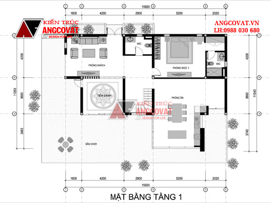 Mặt bằng nội thất biệt thự mặt tiền 12m 1