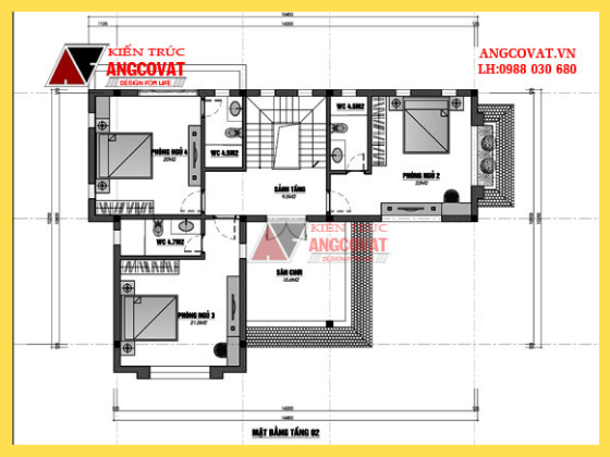 Mặt bằng nội thất tầng 2 nhà đẹp 3 tầng chữ l 