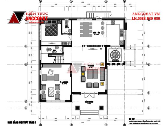 Mặt bằng tầng 1 thiết kế xây nhà 2 tầng 140m2 1