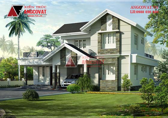Thiết kế mẫu nhà 2 tầng ở nông thôn 12x8m 4 phòng ngủ mái thái đẹp