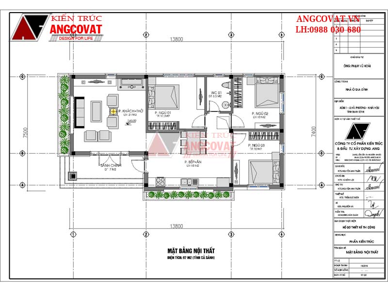 Mặt bằng mẫu nhà cấp 4 mái thái 3 phòng ngủ 100m2