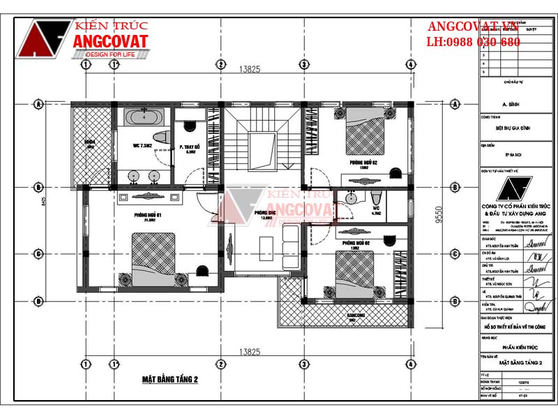 Mặt bằng tầng 2: Mẫu thiết kế nhà đẹp 3 tầng diện tích 100m2 mái bằng đẹp