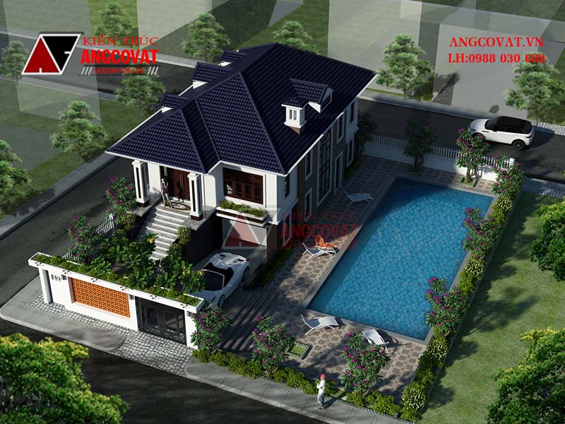 Phối cảnh 2: thiết kế nhà 1 tầng 100m2 mái thái