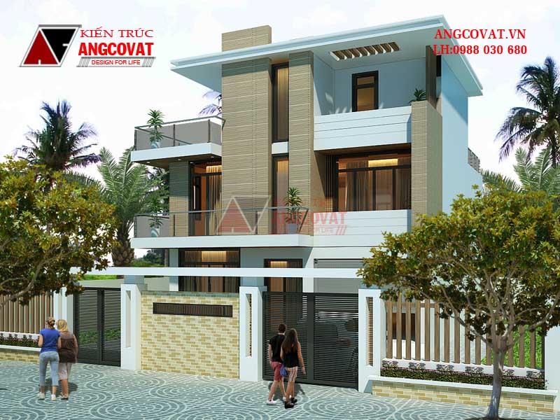 Phối cảnh 2 - Bản vẽ thiết kế nhà 3 tầng 100m2 phong cách hiện đại đẹp