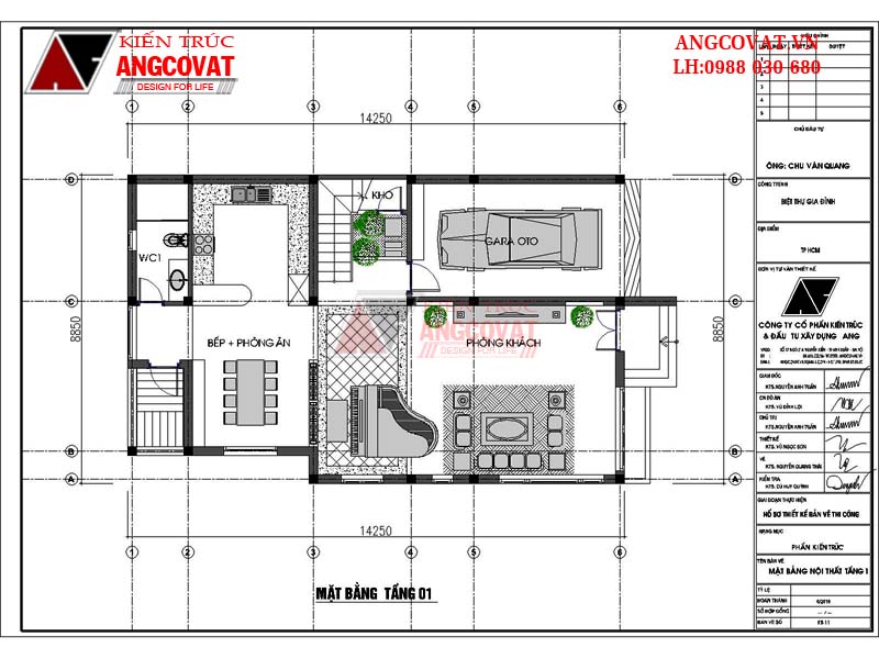 Mặt bằng tầng 1 - Bản vẽ thiết kế nhà 3 tầng 100m2 mặt tiền 9m