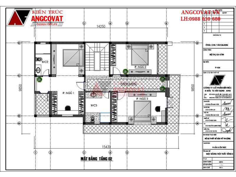 Mặt bằng tầng 2 - Bản vẽ thiết kế nhà 3 tầng 100m2 mặt tiền 9m kinh phí 2 tỷ