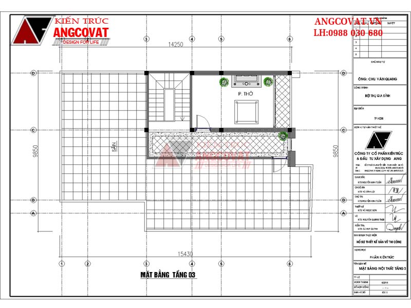 Mặt bằng tầng 3 - Bản vẽ thiết kế nhà 3 tầng 100m2 mặt tiền 9m 3 phòng ngủ