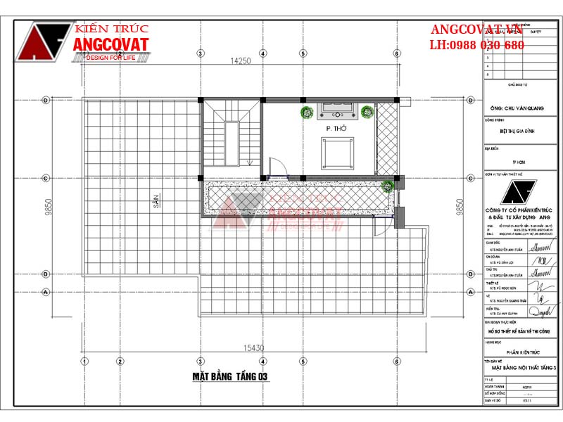 Mặt bằng tầng 3 - Bản vẽ thiết kế nhà 3 tầng 100m2 mặt tiền 9m 3 phòng ngủ