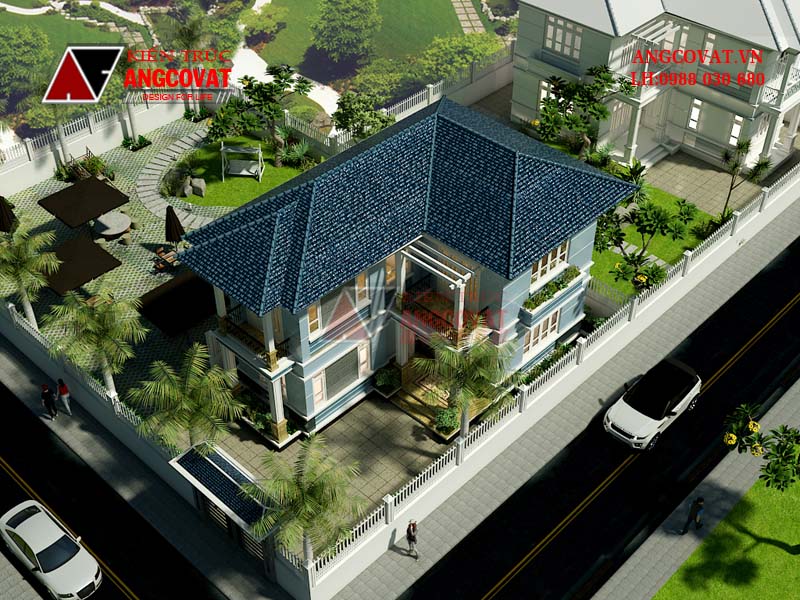 Phối cảnh thiết kế nhà 2 tầng 70m2 mặt tiền 8m đẹp hình chữ L