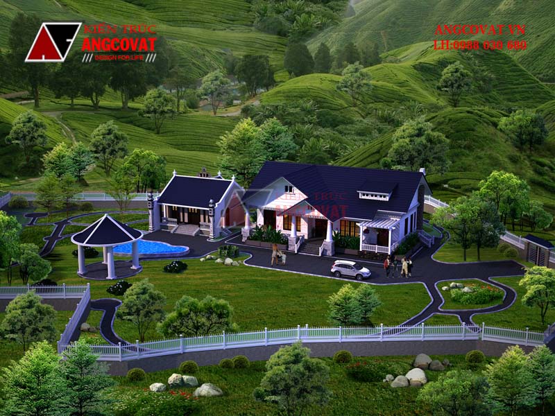 Phối cảnh 3: Không gian rộng rãi của biệt thự 1 tầng 4 phòng ngủ
