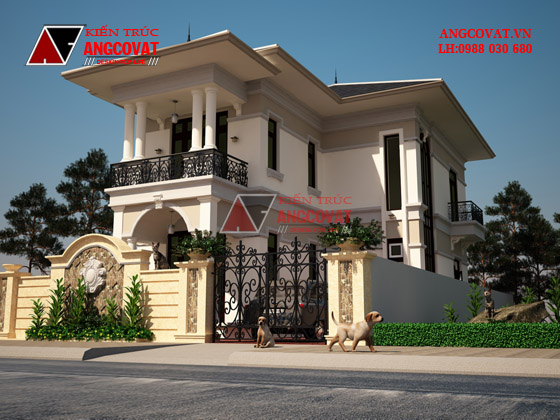 phối cảnh biệt thự 2 tầng 4 phòng ngủ 90m2 theo phong cách tân cổ điển