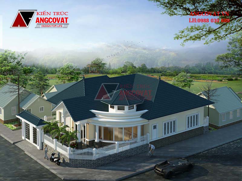 Phối cảnh view 3: Không gian thoáng mát trong mẫu biệt thự vườn 1 tầng 4 phòng ngủ