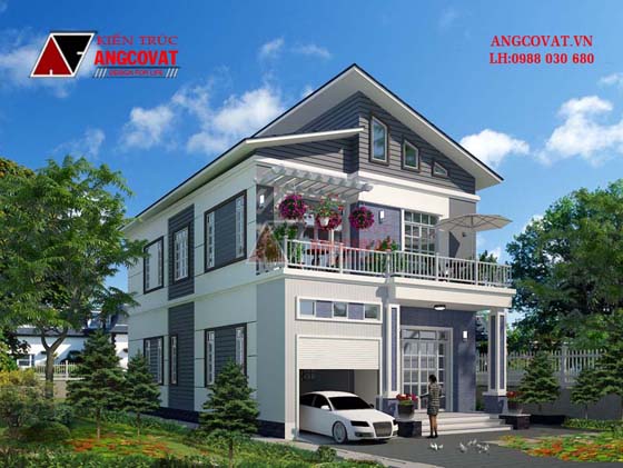 Phối cảnh view 2: Thiết kế nhà biệt thự 2 tầng 4 phòng ngủ