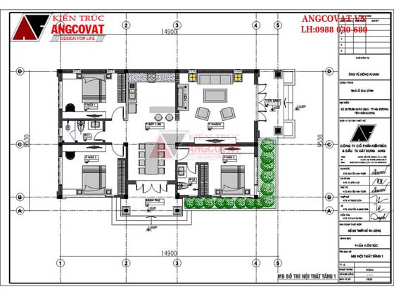mặt bằng nội thất mẫu nhà 1 tầng đẹp 3 phòng ngủ ở nông thôn với diện tích 120m2
