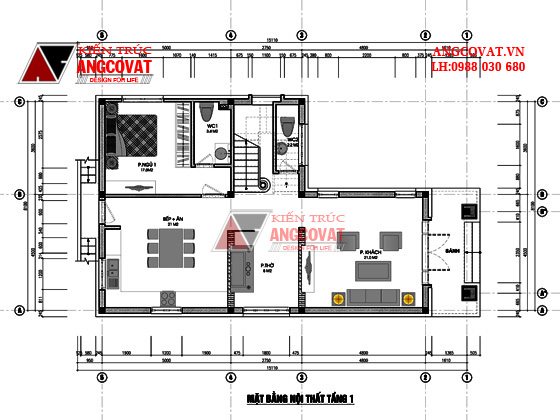 mặt bằng nội thất tầng 1 biệt thự 2 tầng 4 phòng ngủ 90m2 theo phong cách tân cổ điển