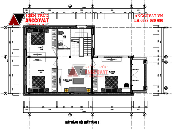 mặt bằng nội thất tầng 2 biệt thự 2 tầng 4 phòng ngủ 90m2 phong cách tân cổ điển