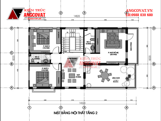 mặt bằng nội thất tầng 2 thiết kế biệt hự 100m2 2 tầng 4 phòng ngủ đơn giản mà đẹp