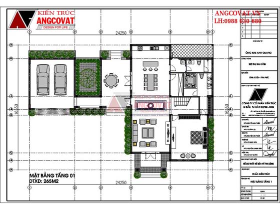 Mặt băng tầng 1: Mẫu biệt thự 2 tầng phong cách Châu Âu mái thái đẹp