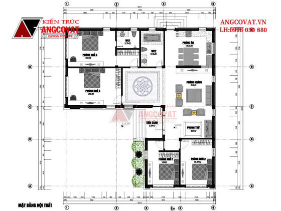 Mặt bằng mẫu thiết kế nhà vườn 1 tầng 4 phòng ngủ 170m2
