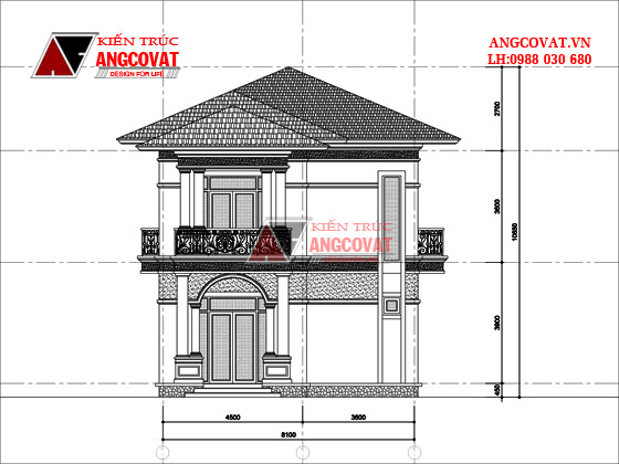 mặt cắt mẫu thiết kế biệt thự 2 tầng 4 phòng ngủ 90m2 phong cách tân cổ điển