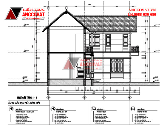 Mặt cắt trục 1-1 biệt thự mini 2 tầng 3 phòng ngủ diện tích 70m2 theo phong cách hiện đại