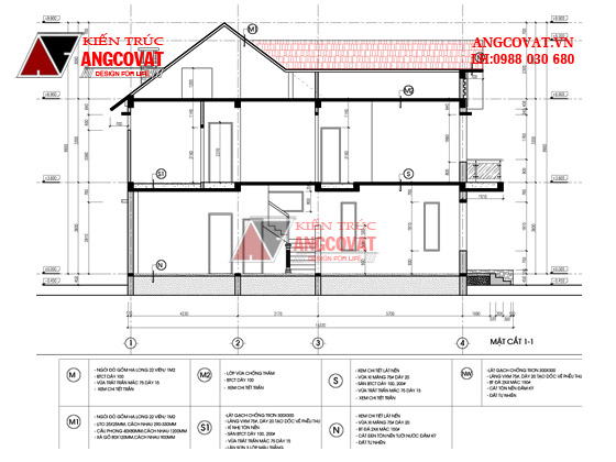 mặt cắt trục 1-1 thiết kế biệt thự 100m2 2 tầng 4 phòng ngủ