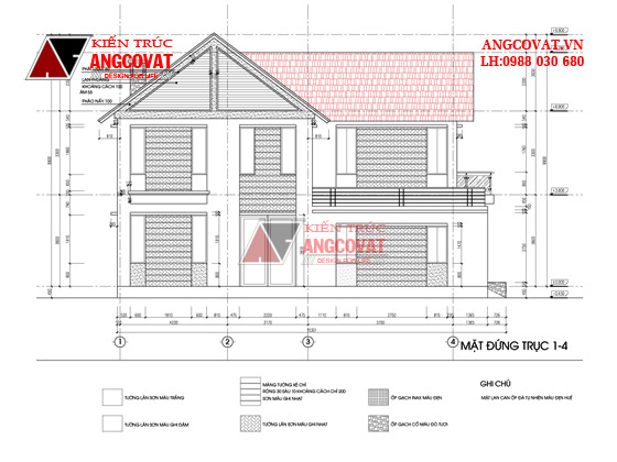 mặt cắt trục 1-4 thiết kế biệt thự 100m2 2 tầng 4 phòng ngủ đơn giản mà đẹp