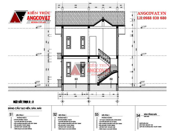 mặt cắt trục 2-2 biệt thự 2 tầng 3 phòng ngủ 70m2 kiểu chữ l hiện đại