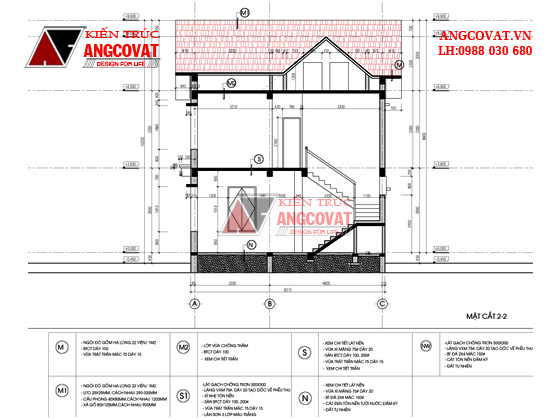 mặt cắt trục 2-2 thiết kế biệt thự 100m2 2 tầng 4 phòng ngủ đơn giản mà đẹp