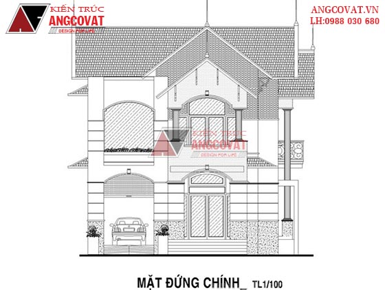 Mặt đứng bản vẽ nhà 2 tầng mái thái 1