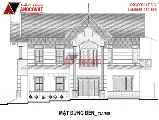 Mặt đứng bản vẽ nhà 2 tầng mái thái 2