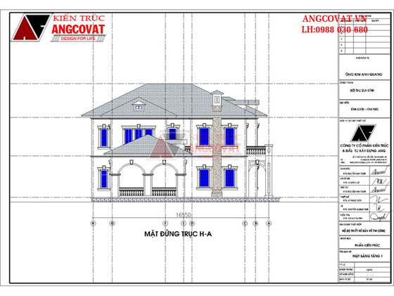 Mặt đứng trục h-a: thiết kế biệt thự 2 tầng kiểu Pháp đẹp