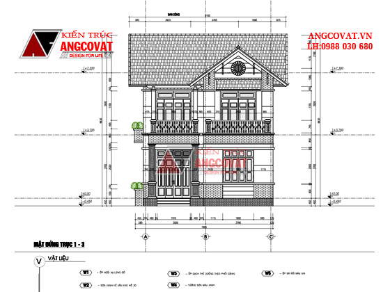 Mặt đứng trục 1-3 nhà mini 2 tầng 3 phòng ngủ diện tích 70m2 kiểu chữ l hiện dại
