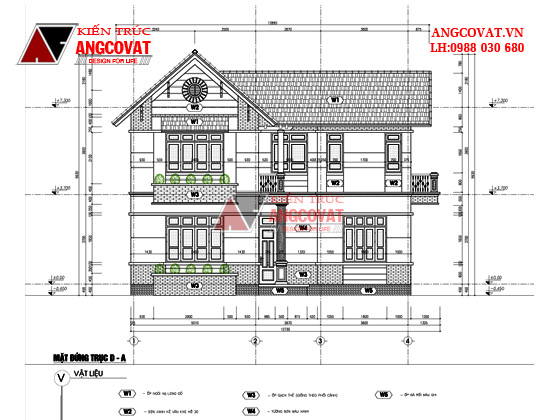 Mặt cắt trục D-A nhà biệt thự mini 2 tầng 3 phòng ngủ kiểu chữ L 70m2