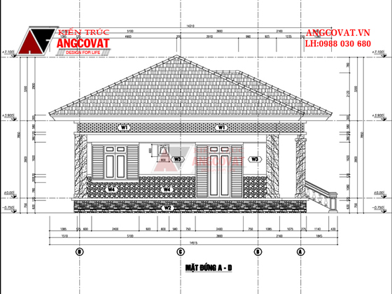 Mặt đứng xây nhà cấp 4 3 phòng ngủ 3