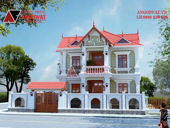 Thiết kế mẫu kiến trúc nhà 2 tầng mái thái kiểu Pháp đẹp kích thước 10x12m ở ở Hải Phòng BT11855