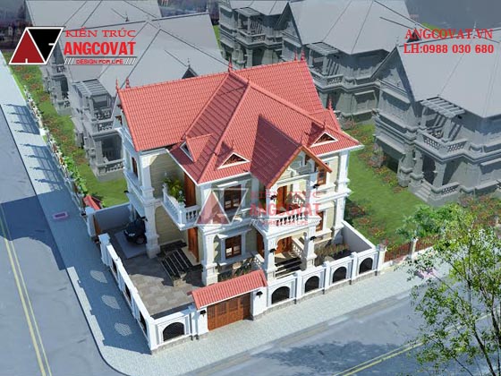 Thiết kế mẫu kiến trúc nhà 2 tầng mái thái kiểu Pháp đẹp kích thước 10x12m ở ở Hải Phòng BT11855