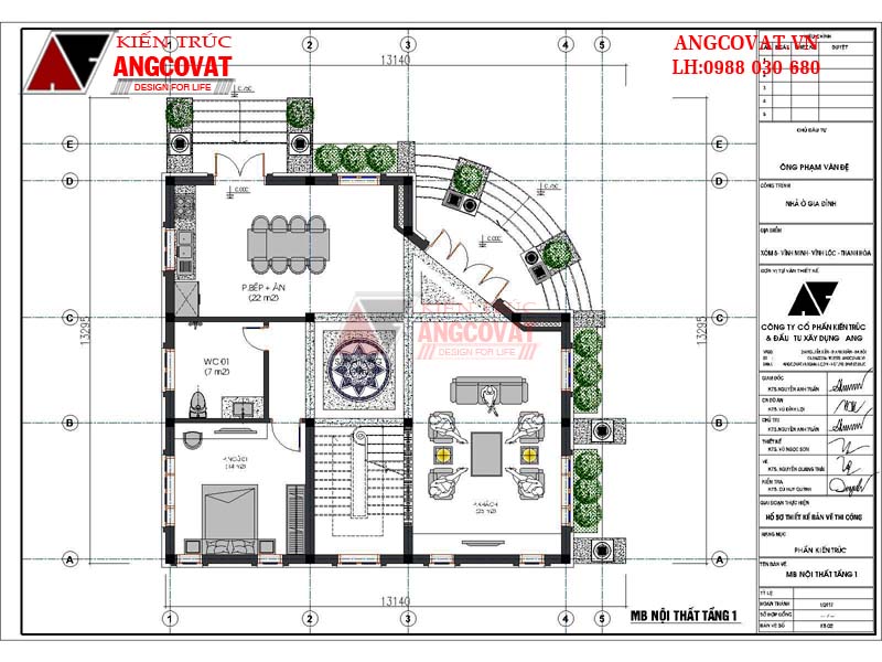 Mặt bằng tầng 1: Thiết kế nhà đẹp 130m2 2 tầng tân cổ điển mặt tiền 13m