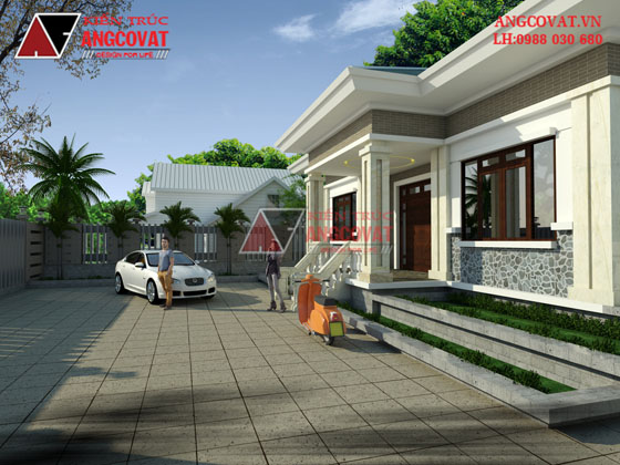 Mẫu thiết kế nhà 1 tầng hiện đại kiểu mái thái diện tích 120m2 mặt tiền 12m 3 phòng ngủ