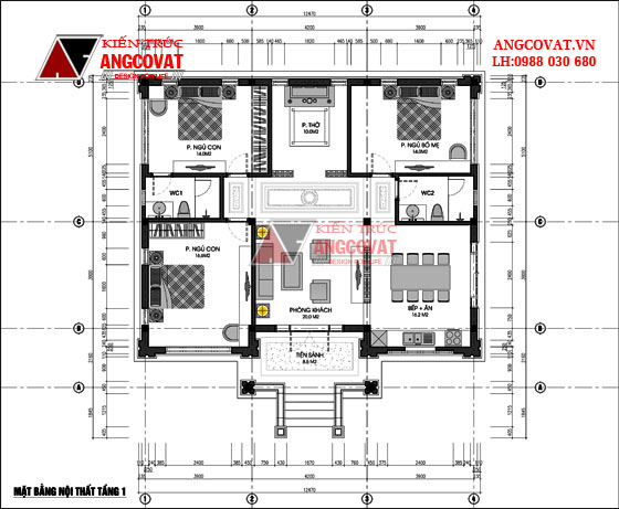 Mẫu thiết kế nhà 1 tầng hiện đại kiểu mái thái diện tích 120m2 mặt tiền 12m 3 phòng ngủ